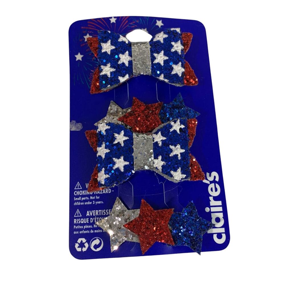 Claires New Set of 4 Patriotic Hair Bows Clip Glitter Sparkle